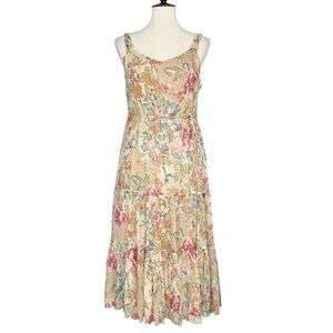 Nine West Silk Tiered Midi Dress in Light Yellow Floral Flattering Fit 10P
